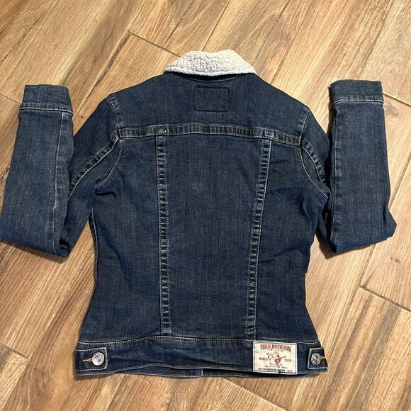 True Religion Womens Sherpa Lined Blue Denim Trucker Jacket XS EUC - Picture 7 of 13